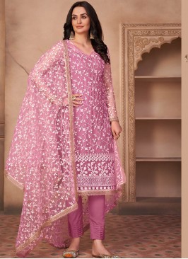 Pink Color Net Thread Work Straight Cut Suit