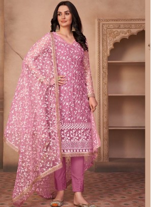 Pink Color Net Thread Work Straight Cut Suit