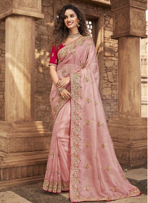 Pink Color Oraganza Embroidered Saree
