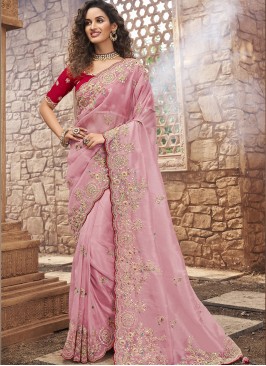 Pink Color Oraganza Embroidered Saree