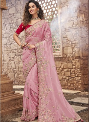 Pink Color Oraganza Embroidered Saree