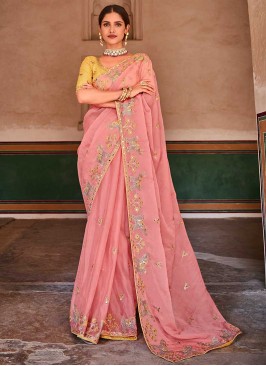 Pink Color Organza Embroidered Saree