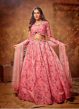 Pink Color Organza Printed Lehenga