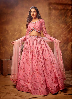 Pink Color Organza Printed Lehenga