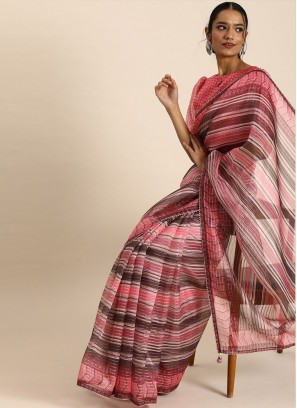 Pink Color Organza Printed Saree