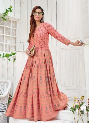 Pink Color Printed Rayon Daily Wear Gown