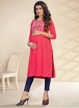 Pink Color Rayon Embroidered Special Maternity Kurti
