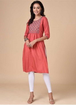 Pink Color Rayon Embroidered Work Kurti
