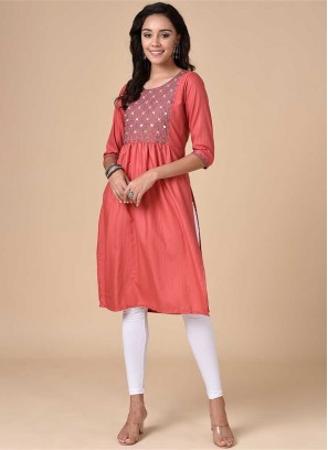 Pink Color Rayon Embroidered Work Kurti