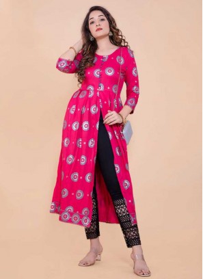 Pink Color Rayon Front Cut Style Kurti