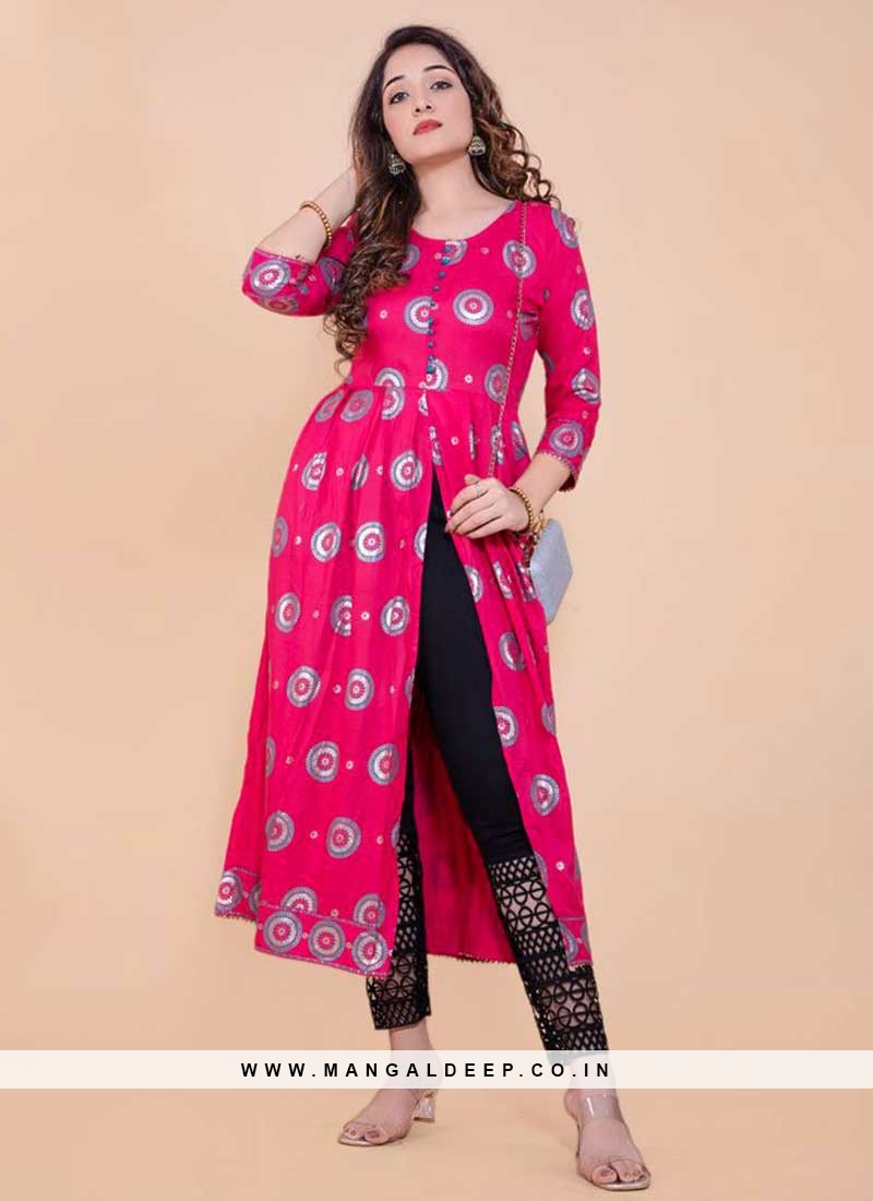 Pink Color Rayon Front Cut Style Kurti