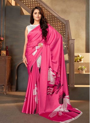 Pink Color Satin Printed Saree