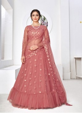 Pink Color Sequins Work Net Lehenga