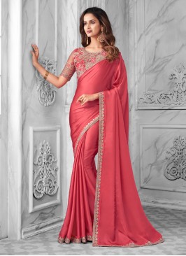 Pink Color Sequins Work Satin Silk Saree
