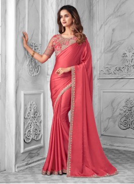 Pink Color Sequins Work Satin Silk Saree