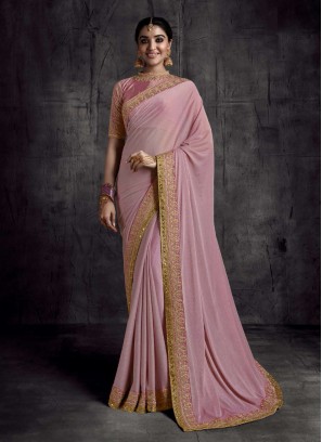 Pink Color Silk Lace Border Saree