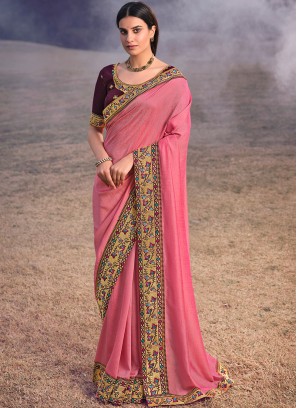 Pink Color Silk Lace Border Saree