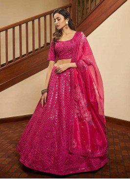 Pink Color Silk Thread Work Sangeet Wear Lehenga