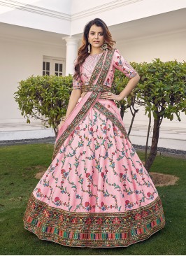 Pink Color Silk Thread Work Wedding Lehenga