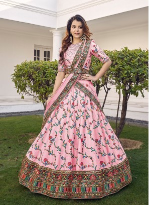 Pink Color Silk Thread Work Wedding Lehenga