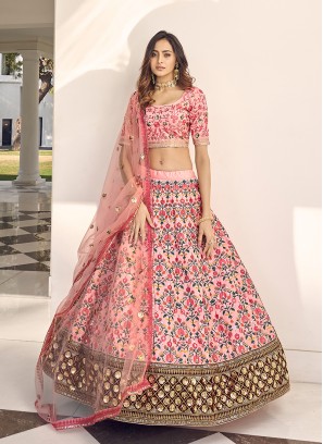 Pink Color Silk Thread Work Wedding Lehenga