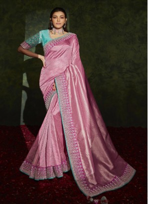 Pink Color Silk Wedding Wear Saree