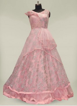 Pink Color Sparkal Work Net Long Gown