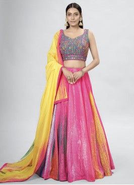 Pink Color Thread Embroidery,Hand Work  Lehenga