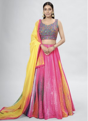 Pink Color Thread Embroidery,Hand Work  Lehenga