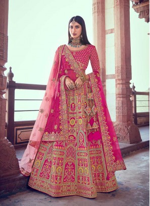 Pink Color Thread Work Silk Lehenga