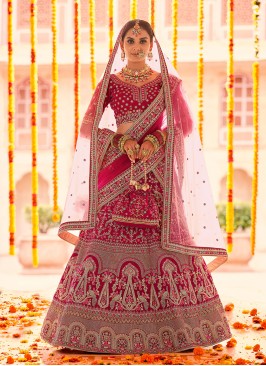 Pink Color Velvet Embroidered Bridal Lehenga