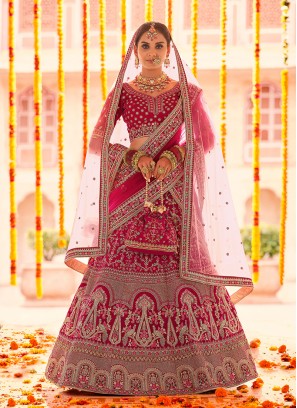 Pink Color Velvet Embroidered Bridal Lehenga