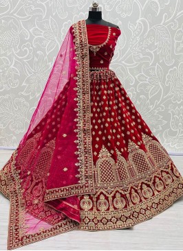 Pink Color Velvet Embroidered Lehenga