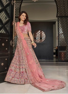 Pink Color Velvet Sequins Embroidered Lehenga