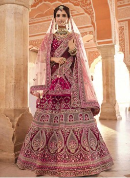 Pink Color Velvet Thread Work Lehenga