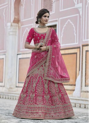 Pink Color Velvet Wedding Wear Lehenga