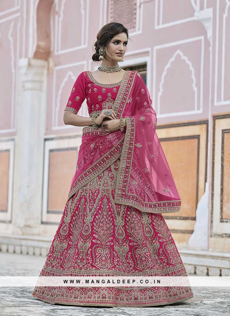 Pink Color Velvet Wedding Wear Lehenga