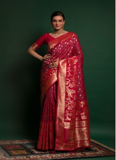 Red Color Wedding Wear Heavy Wevon Design Saree