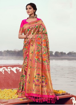 Pink Color Zari Work Saree In Silk