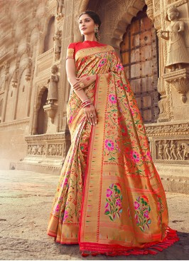 Pink Color Zari Work Silk Saree