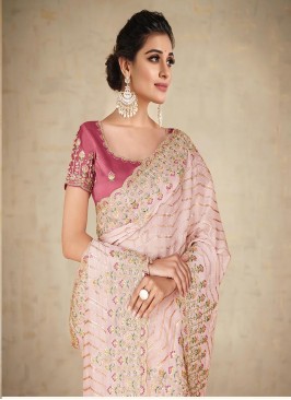 Pink Colour Flora Embroidery Work Saree