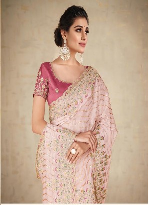 Pink Colour Flora Embroidery Work Saree