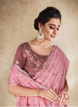 Pink Colour Flora Embroidery Work Saree