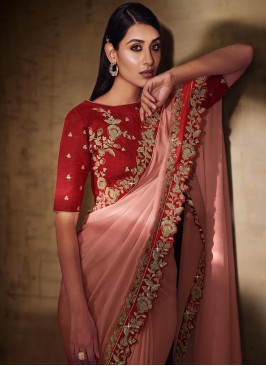 Pink Colour Floral Embroidery Work Saree