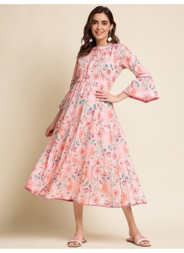Pink Cotton Floral Printed Dress