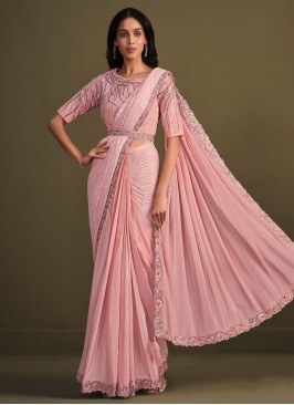 Pink Crepe Silk Engagement Contemporary Style Saree