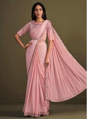 Pink Crepe Silk Engagement Contemporary Style Saree