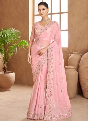 Pink Cutwork Satin Designer Saree