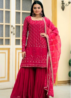 Pink Elegance: Faux Georgette Salwar Suit Set with Intricate Embroidery