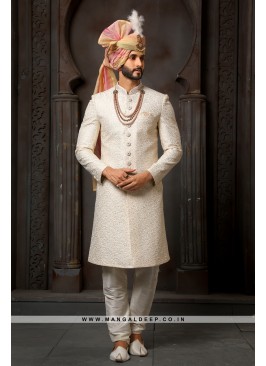 Classy Cream Embroidered Art Silk Wedding Wear Indo Western Sherwani